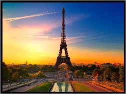 Wieża Eiffla, Zachód, Paryż, Francja, Słońca